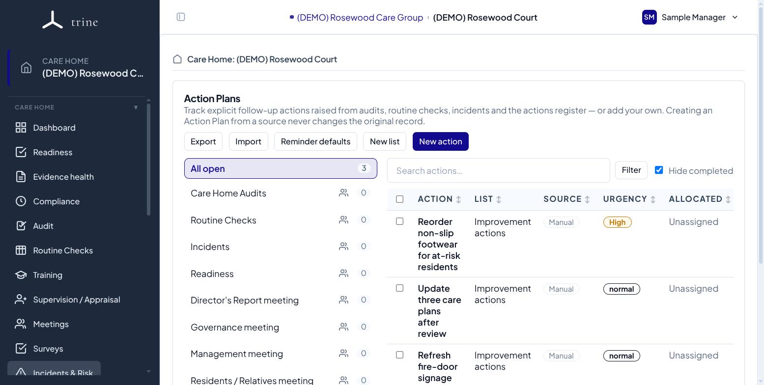 The Action Plans board listing follow-up actions with their list, source, urgency and owner