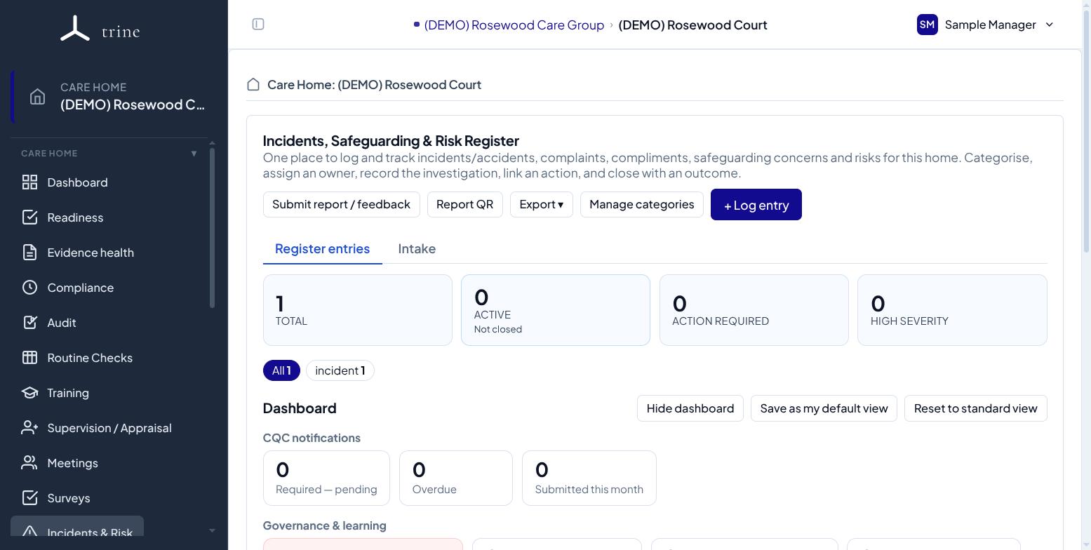 The Incidents, Safeguarding & Risk register with its summary dashboard and stat cards